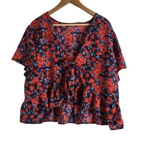 Floral V-Neck Ruffle Top - Red and Blue
